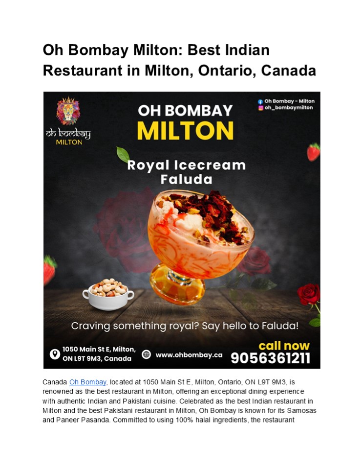 Oh Bombay Milton : Best Indian restaurant in Milton Ontario Canada