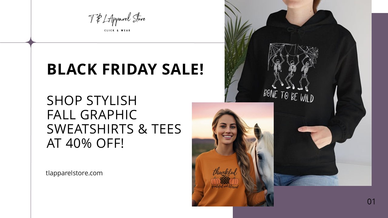 Black Friday: Stylish Fall Graphic Sweatshirts & Tees at 40% OFF!