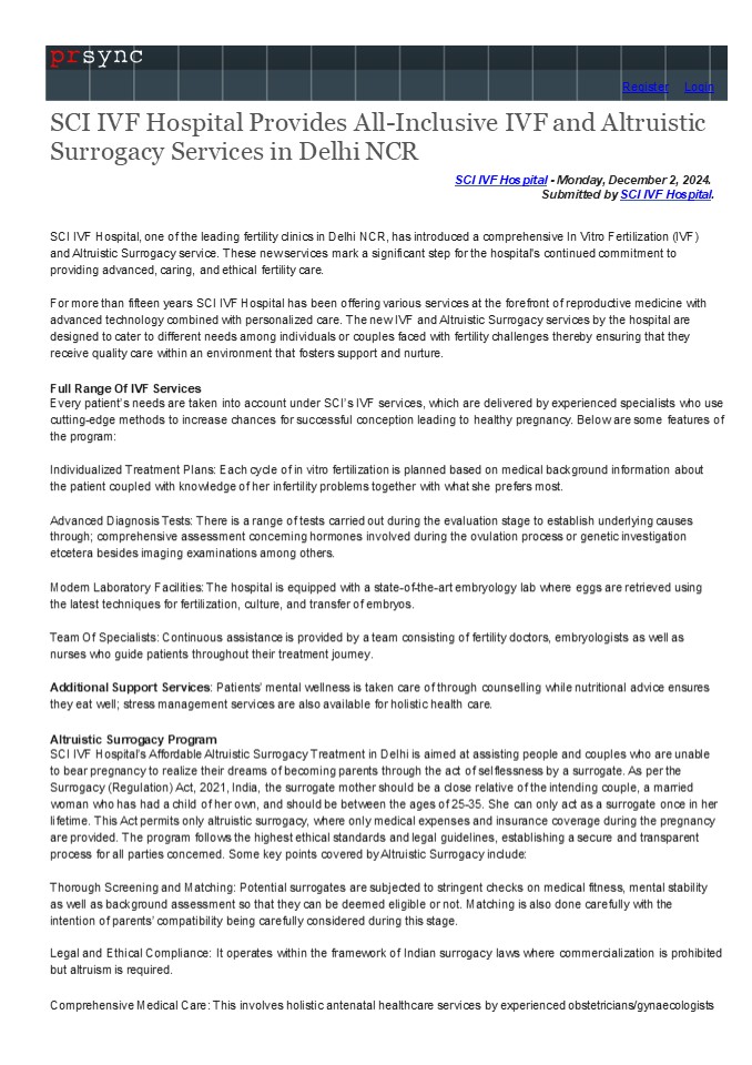 SCI IVF Hospital Provides All-Inclusive IVF and Altruistic Surrogacy Services in Delhi NCR