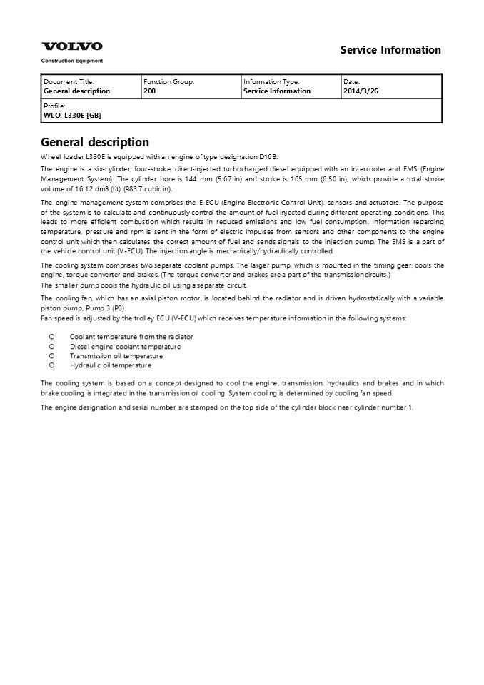 Volvo L330E Wheel Loader Service Repair Manual Instant Download