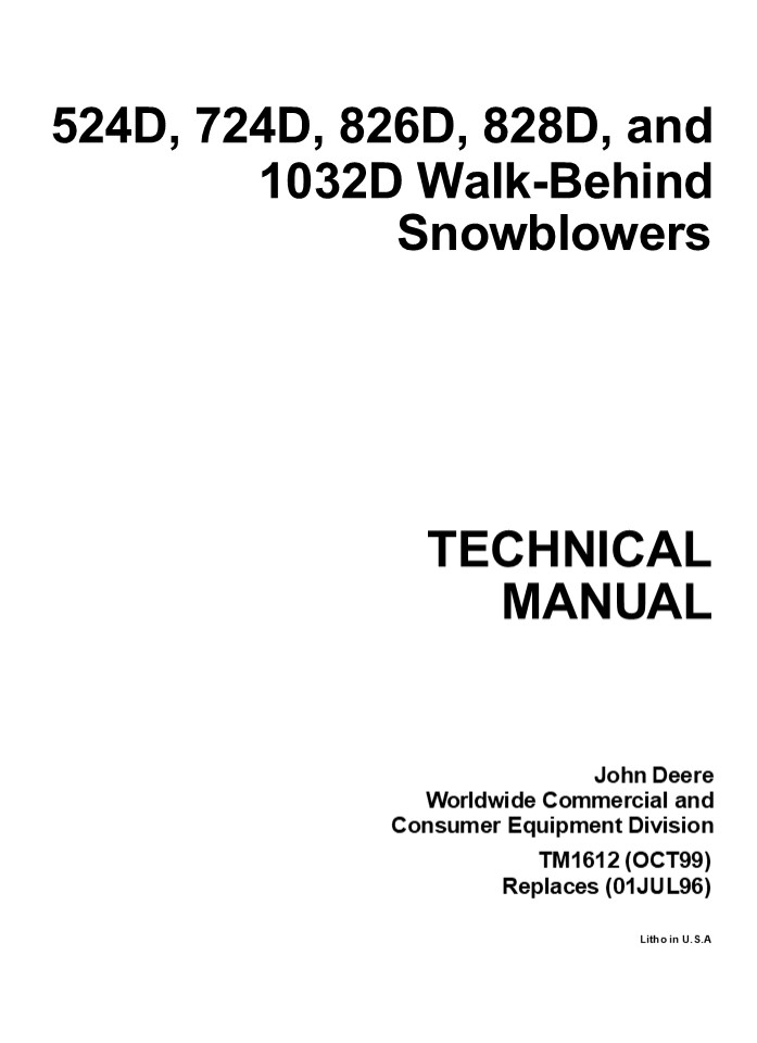 John Deere 826D Walk-Behind Snowblowers Service Repair Manual Instant Download (TM1612)