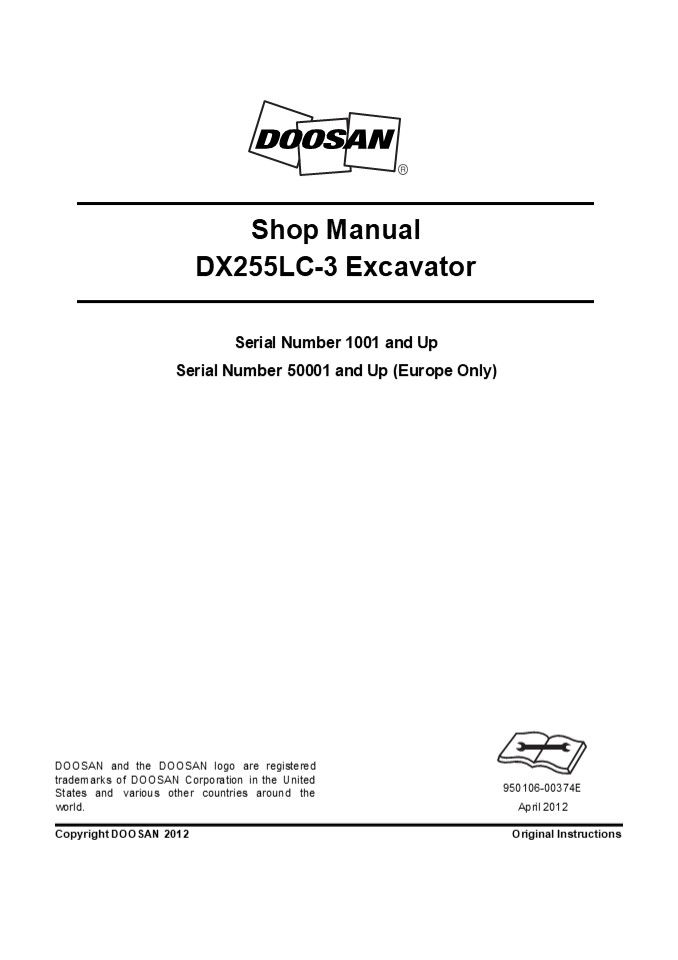 Daewoo Doosan DX255LC-3 Excavator Service Repair Manual Instant Download
