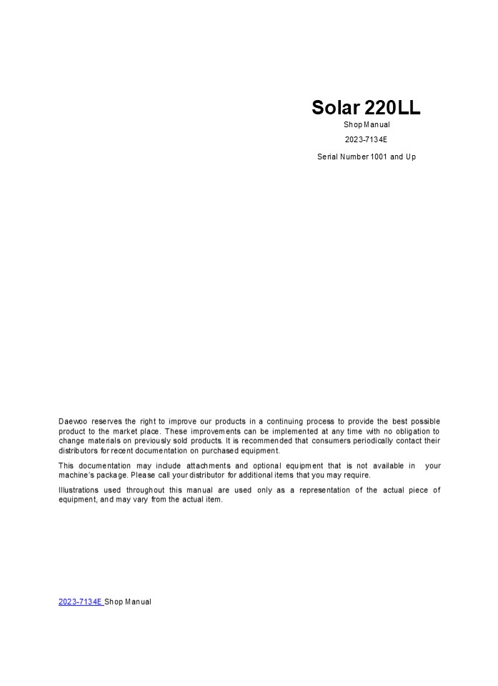 Daewoo Doosan Solar 220LL Excavator Service Repair Manual Instant Download (1)