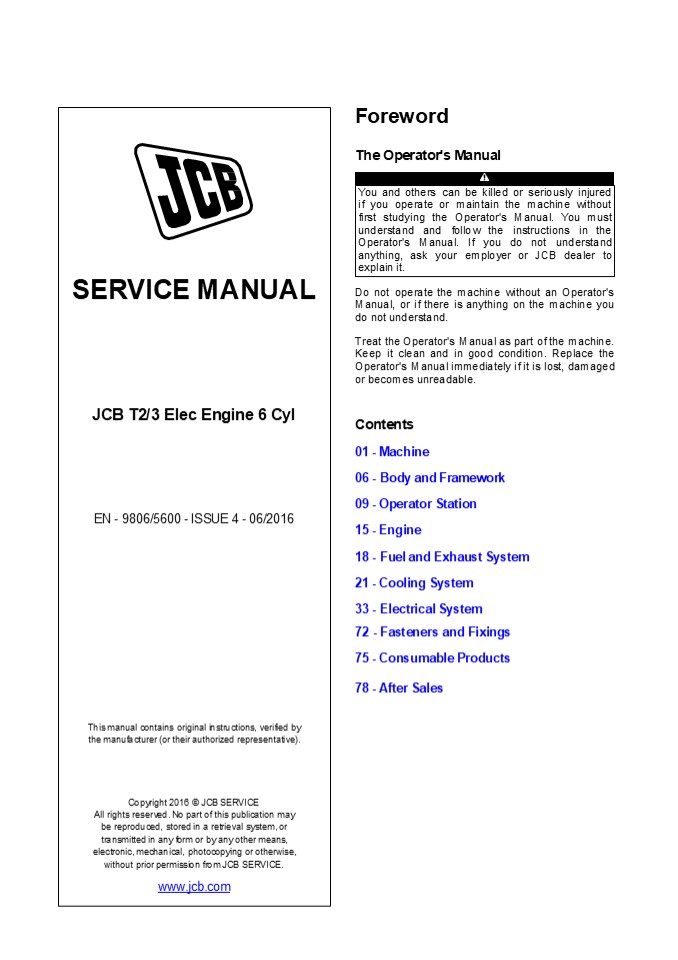 JCB T2  T3 Elec Engine 6 Cyl Service Repair Manual Instant Download