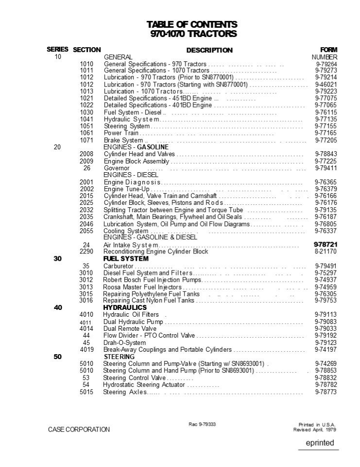 CASE 1070 Tractor Service Repair Manual Instant Download