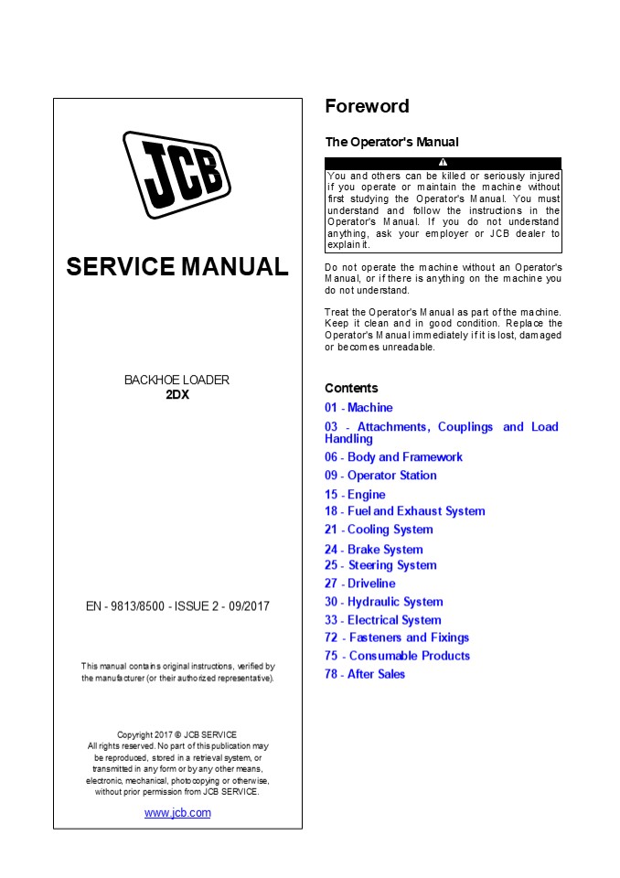 JCB 2DX Backhoe Loader Service Repair Manual Instant Download