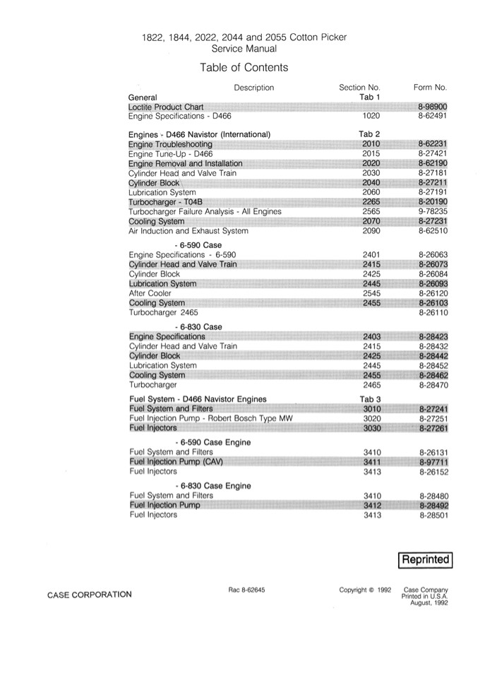 CASE 2044 Cotton Picker Service Repair Manual Instant Download