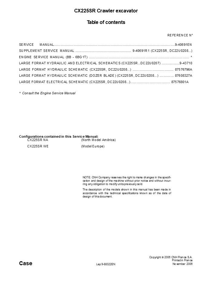CASE CX225SR Crawler Excavator Service Repair Manual Instant Download