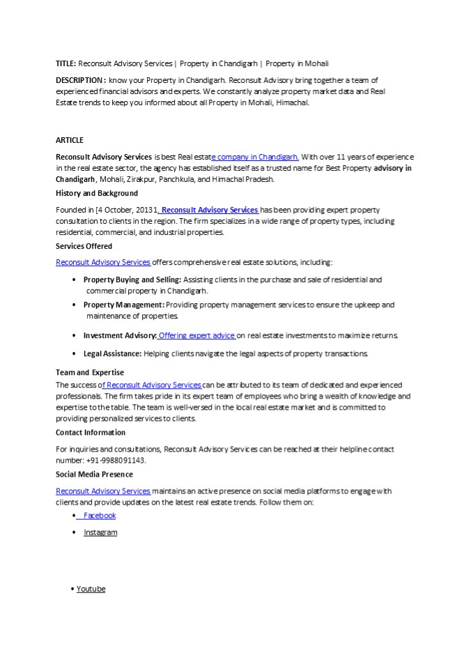 Reconsult Advisory Services | Property in Chandigarh | Himachal | Mohali