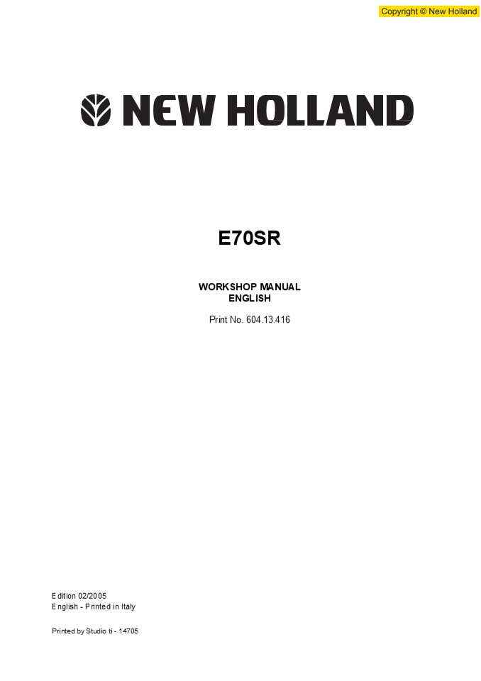 New Holland E70SR Hydraulic Excavator Service Repair Manual Instant Download