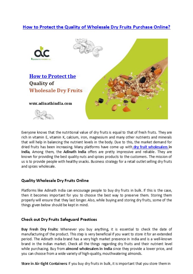 How To Protect The Quality Of Wholesale  Dry Fruits Purchase Online?