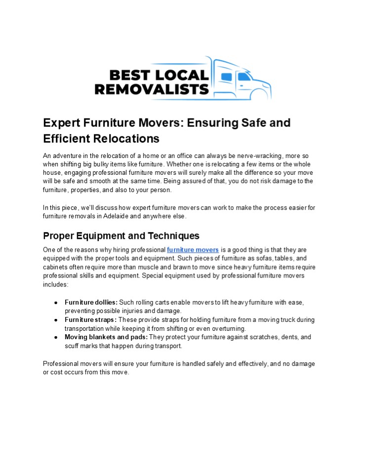 Expert Furniture Movers: Ensuring Safe and Efficient Relocations