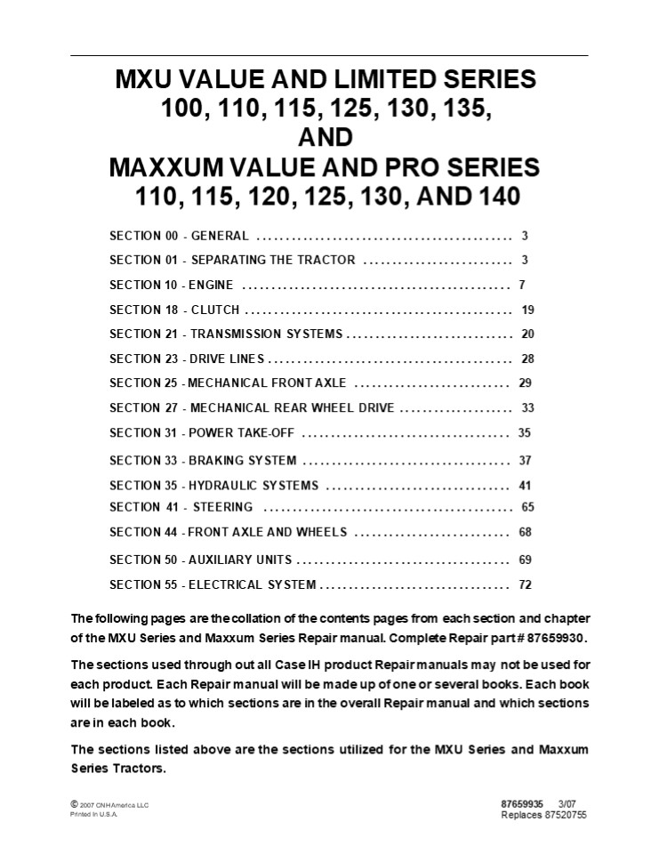 CASE IH MXU Value and Limited Series 100, 110, 115, 125, 130, 135 Tractor Service Repair Manual Instant Download