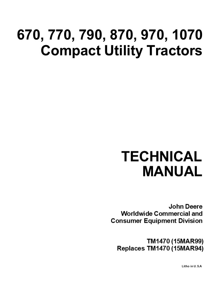 John Deere 870 Compact Utility Tractor Service Repair Manual Instant Download