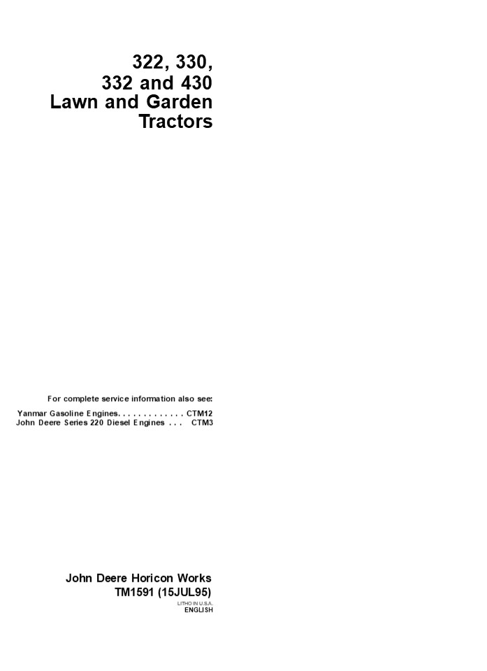 JOHN DEERE 322 LAWN GARDEN TRACTOR Service Repair Manual Instant Download (TM1591)