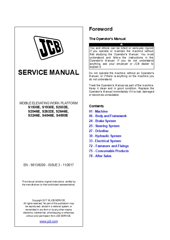 JCB S4046E MOBILE ELEVATING WORK PLATFORM Service Repair Manual Instant Download SN 2532501 and up