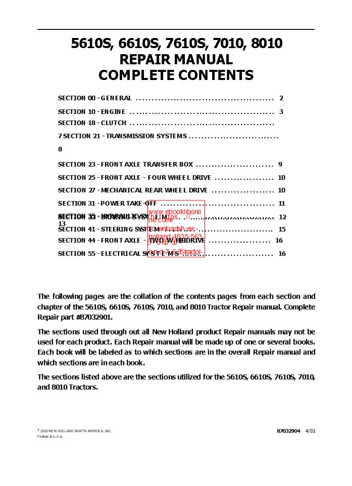 New Holland 6610S Tractor Service Repair Manual Instant Download