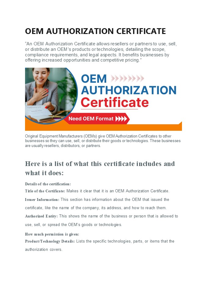 OEM AUTHORIZATION CERTIFICATE