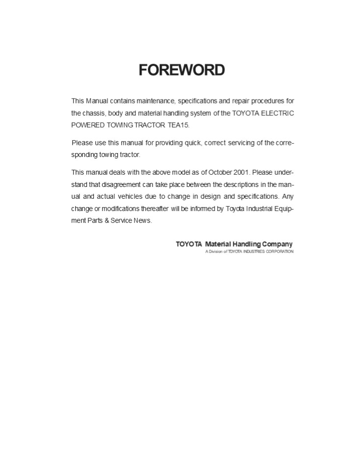 Toyota TEA15 Electric Powered Towing Tractor Service Repair Manual Instant Download