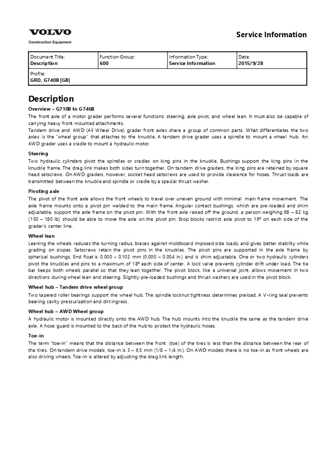 VOLVO G740B MOTOR GRADER Service Repair Manual Instant Download