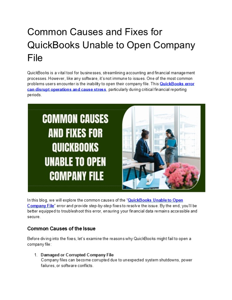 Common Causes and Fixes for QuickBooks Unable to Open Company File