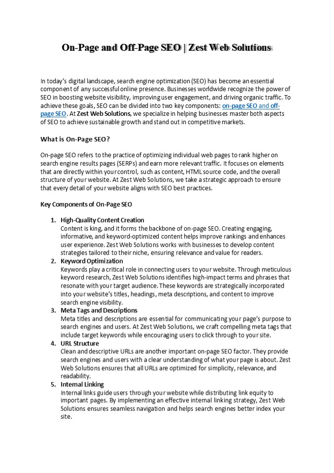 on page and off page seo | Zest Web Solutions