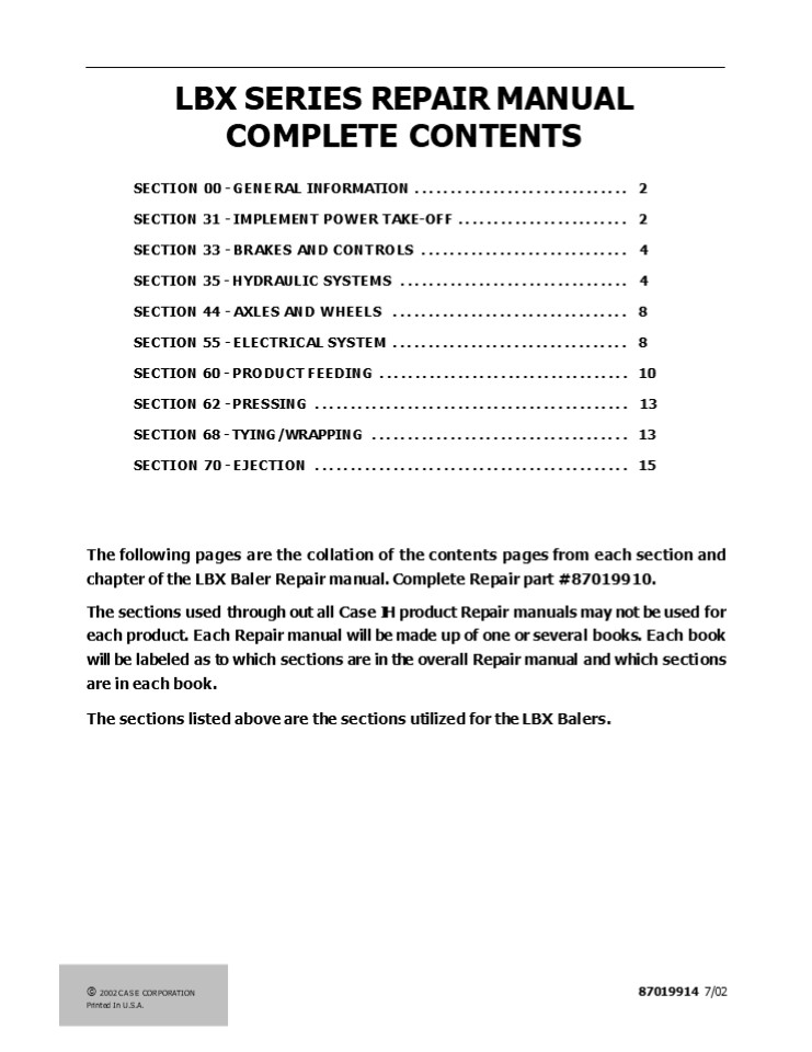 CASE LBX Series Balers Service Repair Manual Instant Download (Part Number 87019910)