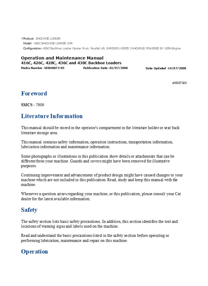 Caterpillar CAT 426C BACKHOE LOADER (1MR00001-00955) Operation and Maintenance Manual Instant Download