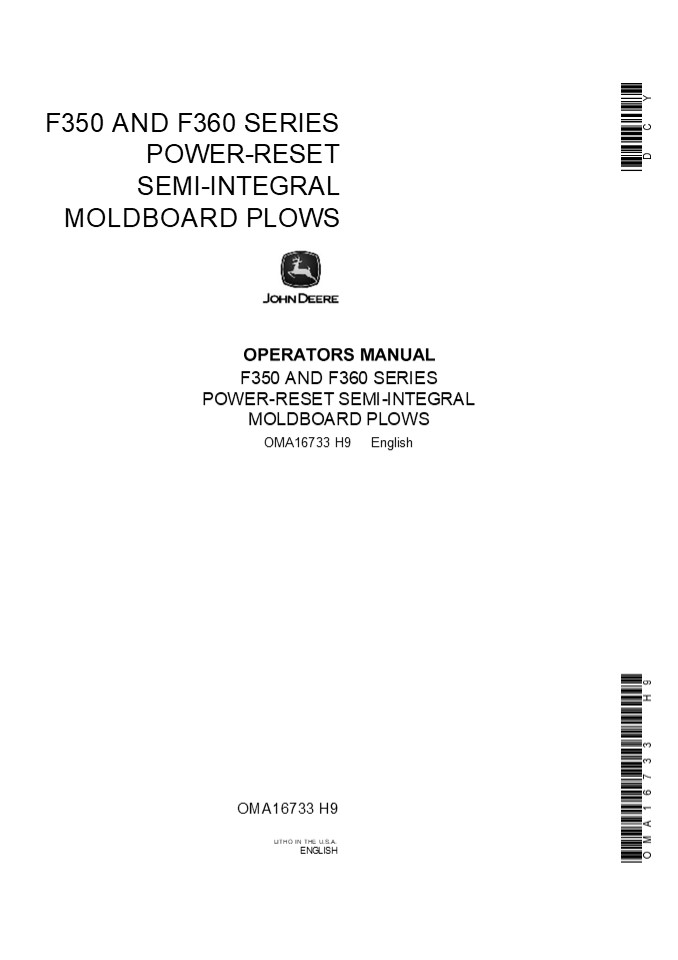 John Deere F350 and F360 Series Power-Reset Semi-Integral Moldboard Plows Operator’s Manual Instant Download (Publication No.OMA16733)