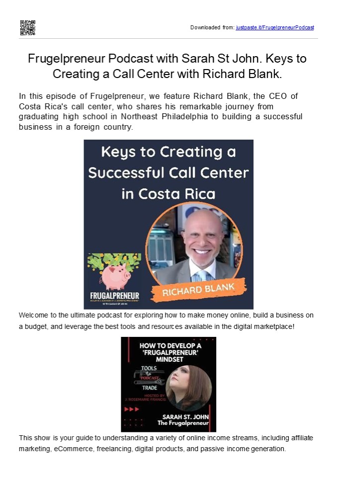 Frugelpreneur Podcast with Sarah St John. Keys to Creating an ESL Call Center with Richard Blank.