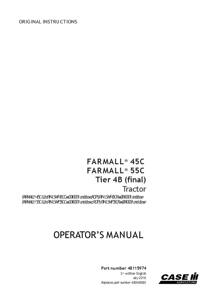 Case IH Farmall 45C Farmall 55C Tier4B (final) Tractor Operator’s Manual Instant Download (Publication No.48115974)