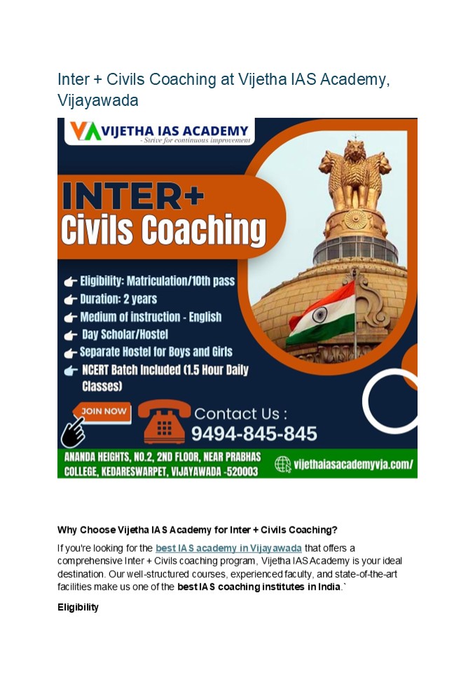Inter + Civils Coaching at Vijetha IAS Academy, Vijayawada