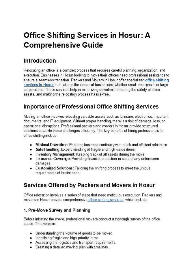Office Shifting Services in Hosur: A Comprehensive Guide