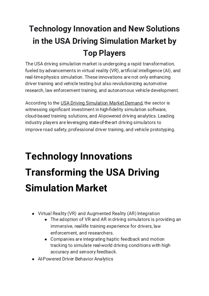 Technology Innovation and New Solutions in the USA Driving Simulation Market by Top Players