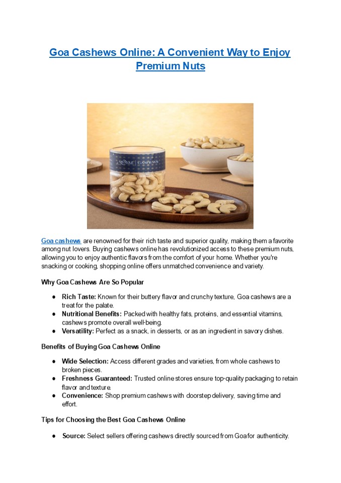 Goa Cashews Online - A Convenient Way to Enjoy Premium Nuts