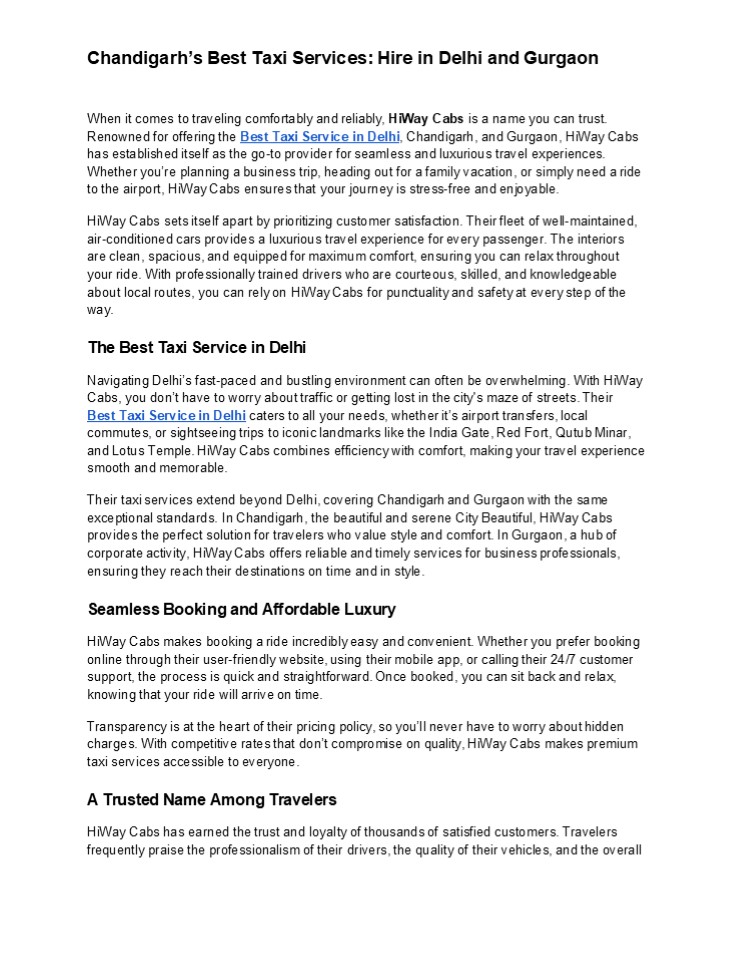 Chandigarh’s Best Taxi Services: Hire in Delhi and Gurgaon