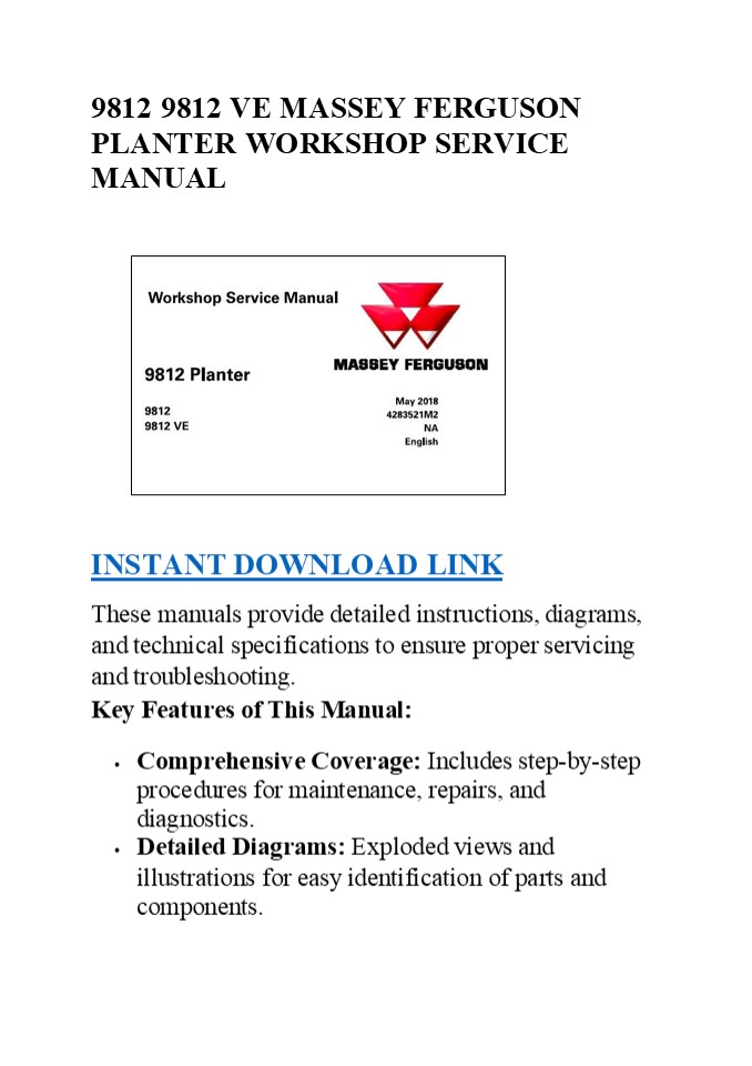 9812 9812 VE MASSEY FERGUSON PLANTER WORKSHOP SERVICE MANUAL