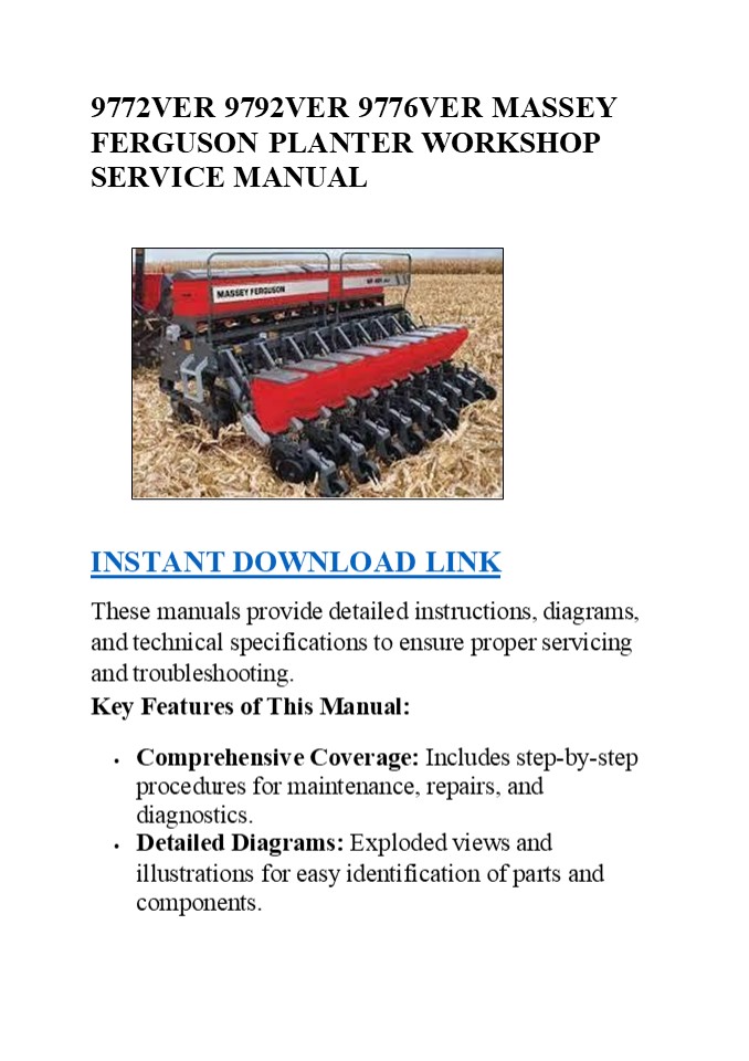 9772VER 9792VER 9776VER MASSEY FERGUSON PLANTER WORKSHOP SERVICE MANUAL