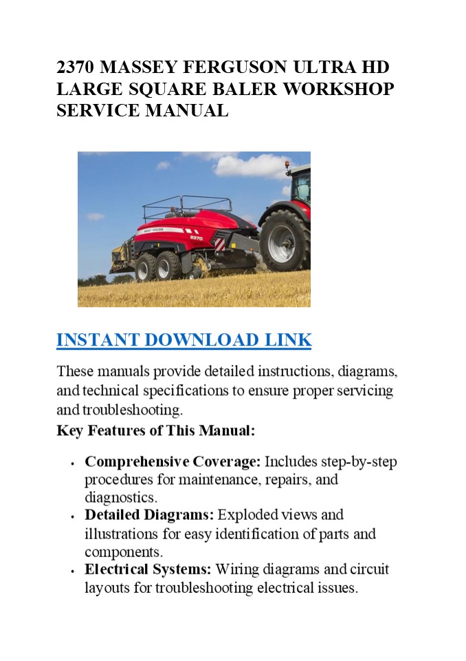 2370 MASSEY FERGUSON ULTRA HD LARGE SQUARE BALER WORKSHOP SERVICE MANUAL