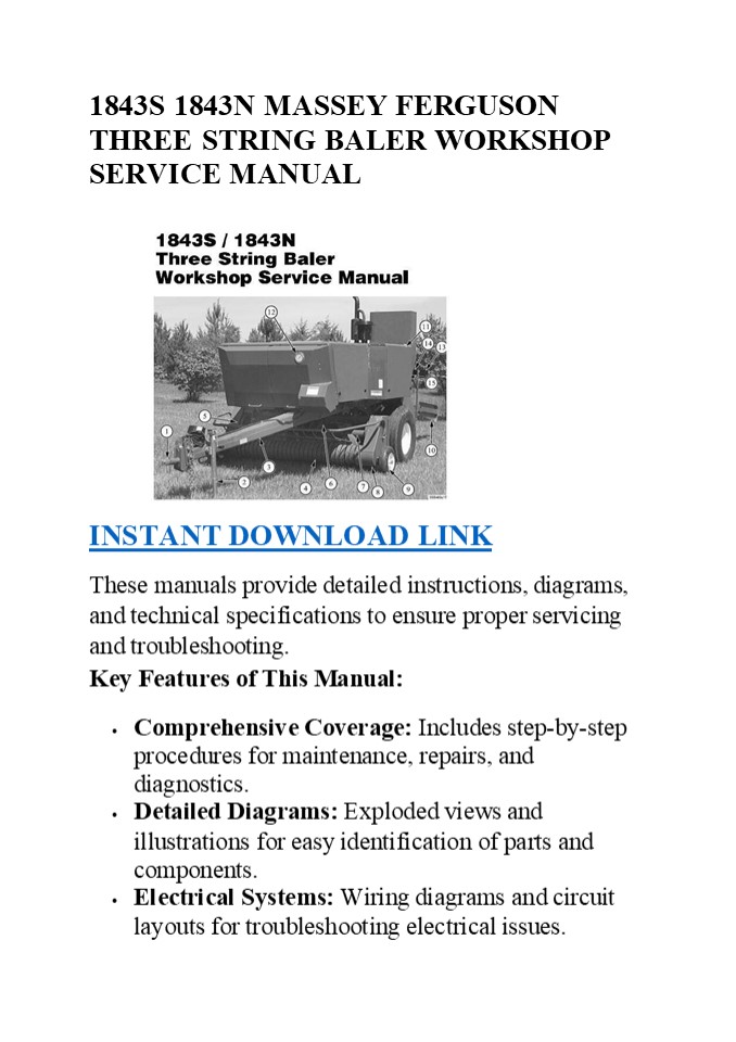 1843S 1843N MASSEY FERGUSON THREE STRING BALER WORKSHOP SERVICE MANUAL