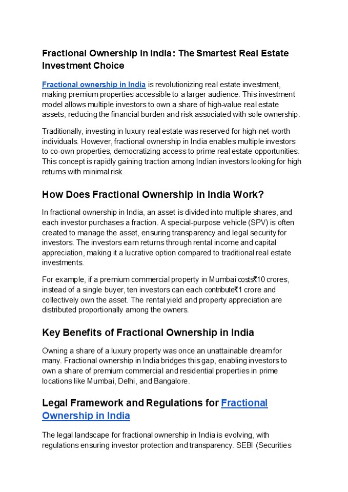 Fractional Ownership in India: The Smartest Real Estate Investment Choice