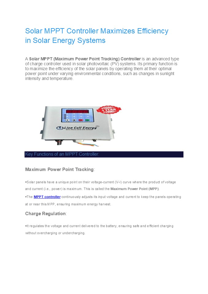 Solar MPPT Controller Maximizes Efficiency in Solar Energy Systems