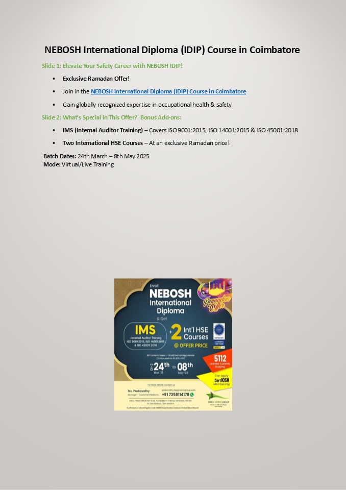 NEBOSH IDIP Course in Coimbatore Ramadan Offer Green World Group