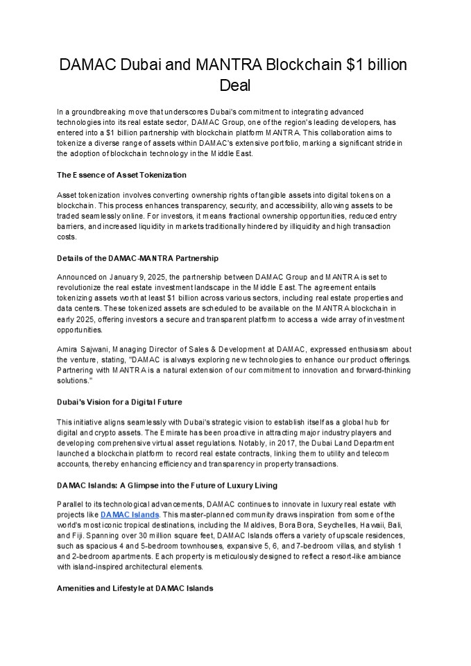 DAMAC Dubai and MANTRA Blockchain $1 billion Deal