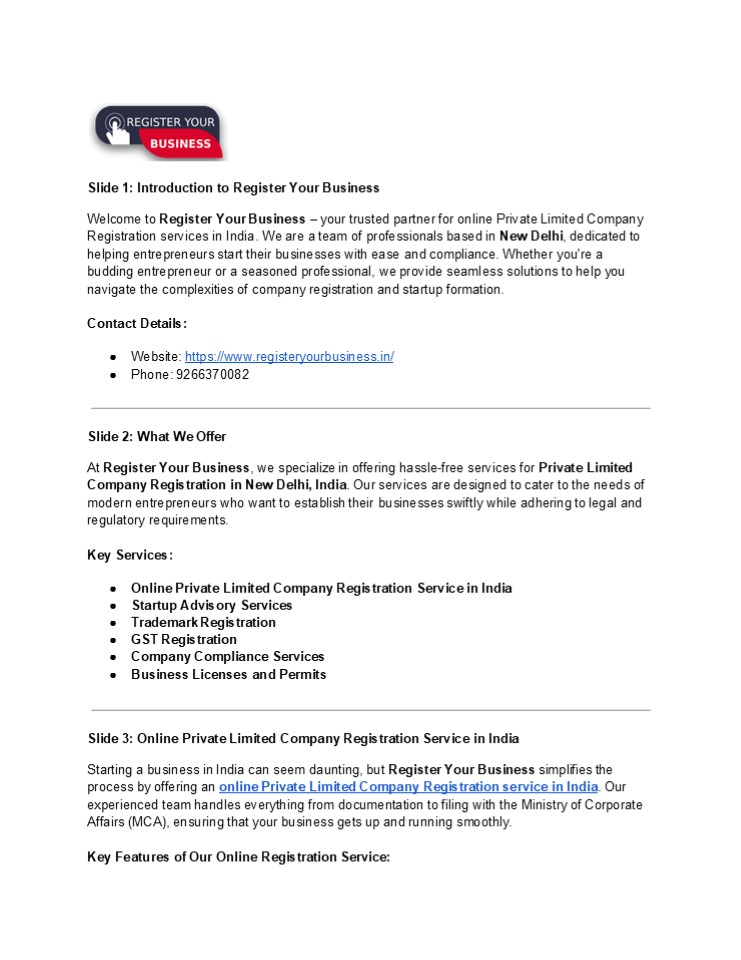 Online Private Limited Company Registration Service in India