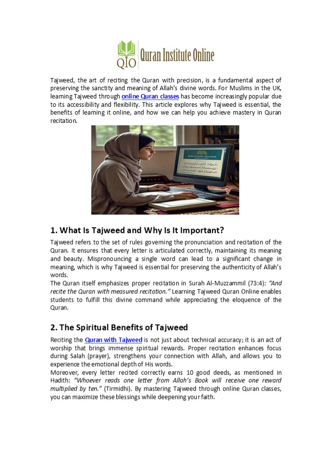 Why Tajweed is Essential: Learn Perfect Quran Recitation Online in the UK