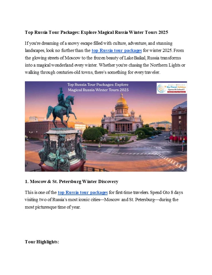 Top Russia Tour Packages: Explore Magical Russia Winter Tours 2025