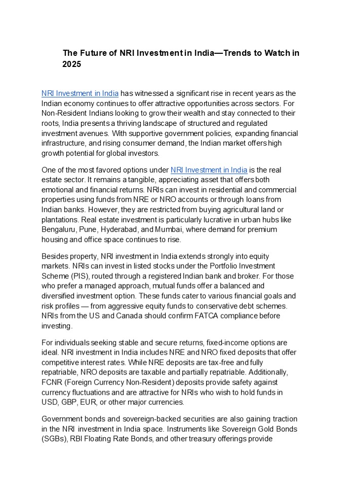 The Future of NRI Investment in India—Trends to Watch in 2025