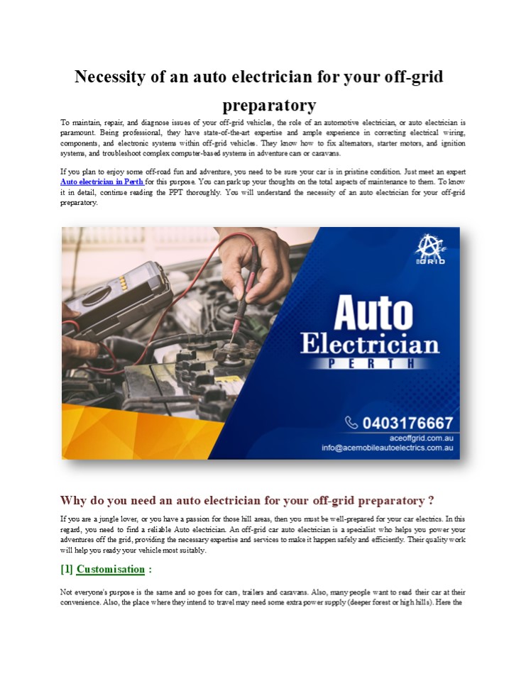 Necessity of an auto electrician for your off-grid preparatory