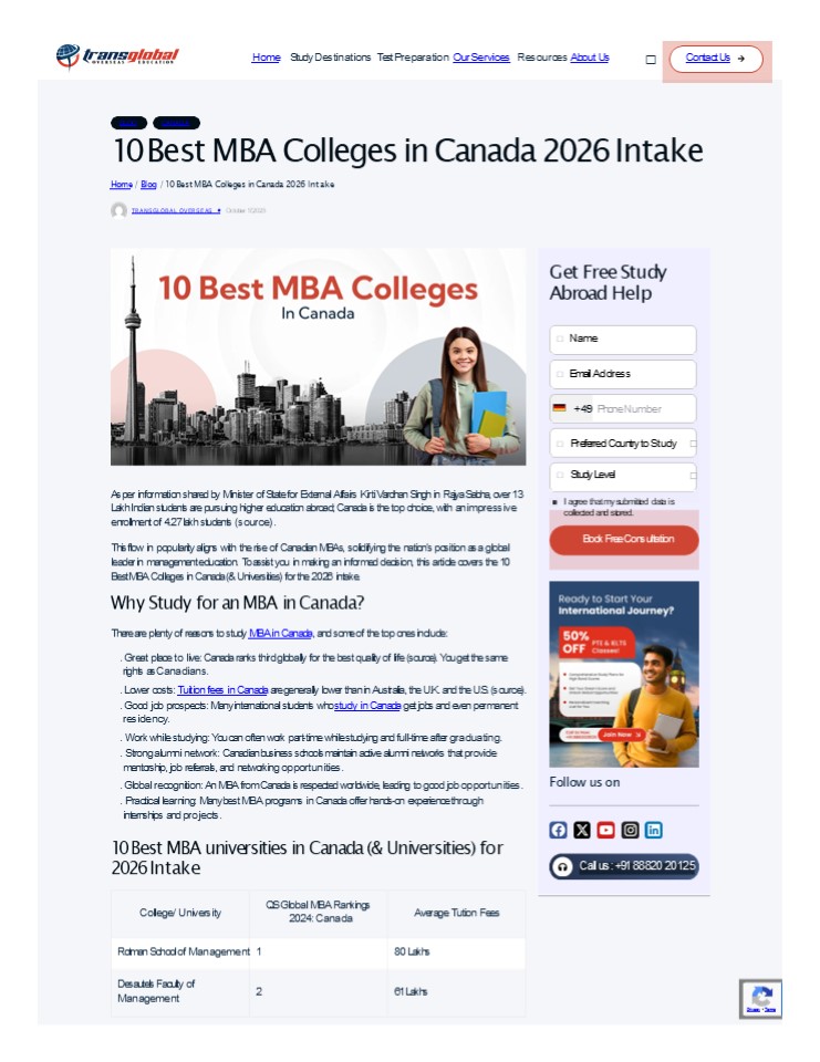 10 Best MBA Colleges in Canada 2026 Intake
